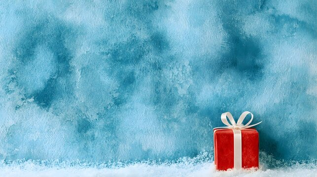 A wallpaper featuring a gift box tied with a ribbon, placed amidst the snow, with copy space.