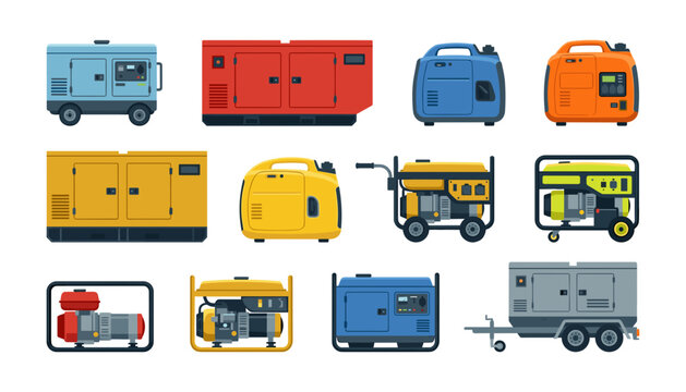 Industrial and portable power generator equipment set icons collection for backup electricity emergency energy supply