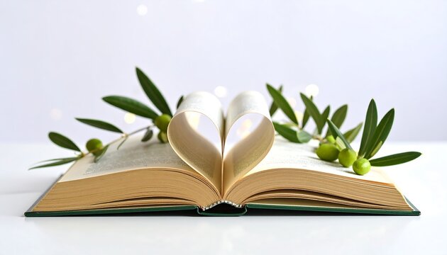 Open Book with Pages Shaped as a Heart and Olive Branches