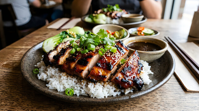 Traditional char sui chicken on wooden table