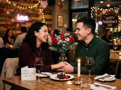 Young couple laughing and holding hands at restaurant table with roses and chocolate dessert for romantic Valentines day date.