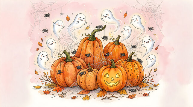 Halloween pumpkins with carved jack-o-lantern and ghost illustrations