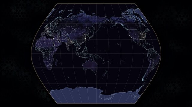 Ginzburg 8 world map projection rotating eastward. Night lights satellite texture illuminates dark continents. Cyan and white glowing borders with amber graticule lines.