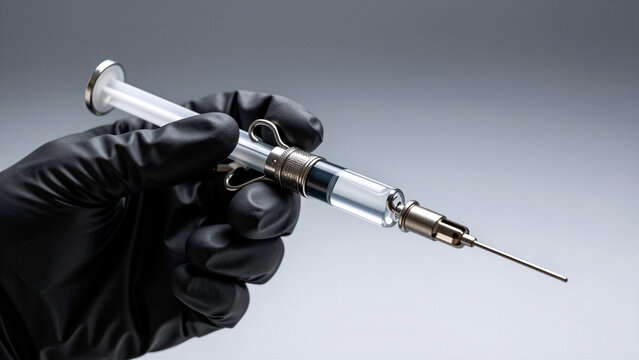 Hand wearing black glove holding a glass syringe filled with clear liquid.