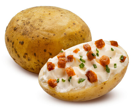 Baked Potatoes with cashew sour cream, tempeh bacon isolated on white background, Roast Potatoes isolated on white background with clipping path.