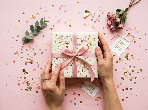 Woman's hands hold wrapped gift with pink ribbon confetti on light pink wooden background for birthday celebration.