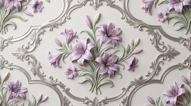 Elegant 3D Relief Pattern with Lavender Lilies and Vintage Silver Damask Ornamental Frame