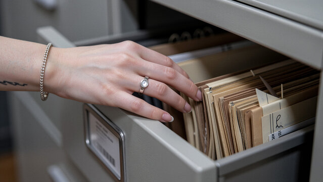 Woman's hand searching through files in a filing cabinet.