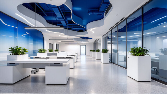 Modern office interior with blue ceiling and glass walls
