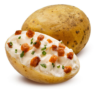 Baked Potatoes with cashew sour cream, tempeh bacon isolated on white background, Roast Potatoes isolated on white background with clipping path.