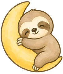 Naklejka premium Cozy baby nursery wall art print of a cute sleeping sloth hugging a yellow crescent moon, transparent PNG clipart ideal for sweet dream bedroom decor in soft watercolor illustration style