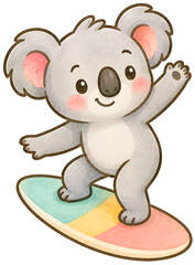 Naklejka premium A lovely beach koala surfing on a colorful surfboard watercolor character on transparent background, perfect for cute summer kids t-shirt prints and tropical nursery wall art designs