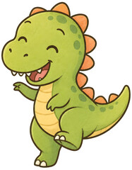 Fototapeta premium Delightful nursery wall prints feature a happy green baby dinosaur watercolor character running on transparent background to create cute educational birthday party designs for kids