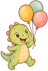 Fototapeta premium Beautiful festive invitation cards feature a cute watercolor baby dinosaur holding a balloon on transparent background to celebrate happy birthday party events with nursery illustrations