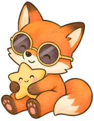 Naklejka premium Adorable watercolor baby fox character with sunglasses hugging smiling star on transparent background delights parents designing cozy nursery spaces with cute whimsical watercolor art prints