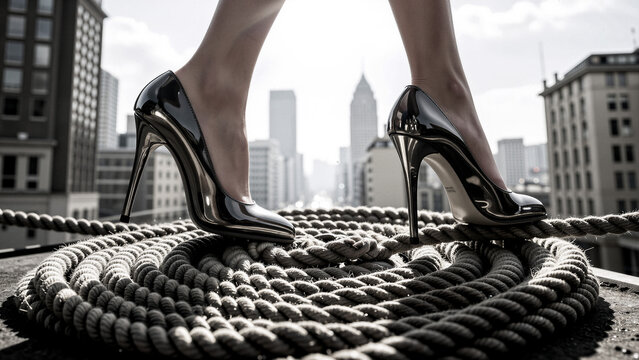 Woman's legs in high heels standing on rope with city skyline