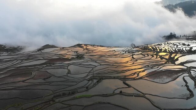 Drone shot of beautiful Asian landscape at sunrise - reflection on water filled rice terraces in Southern China
