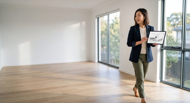 Asian female real estate agent holding tablet showing interior layout sketch in empty house