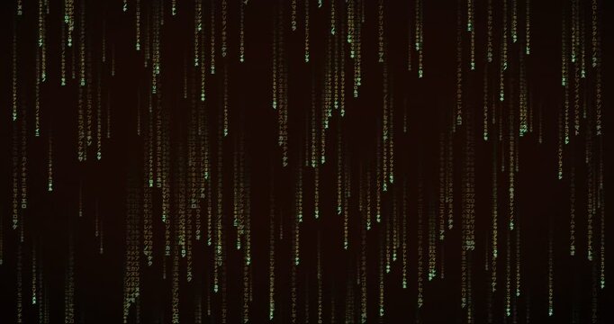 Japanese katakana characters cascade down in a 4K animation with a deep mainframe aesthetic and soft neon glow.