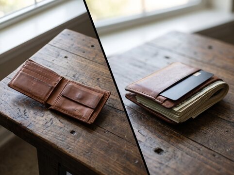 Brown Leather Wallet with Cash on Dark Wooden Table Vintage Style. Leather wallet with cash_comparison. Leather Wallet Cash Comparison Table Vintage