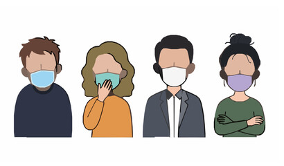 Diverse Tired People Wearing Medical Face Masks Healthcare Protection Vector Set