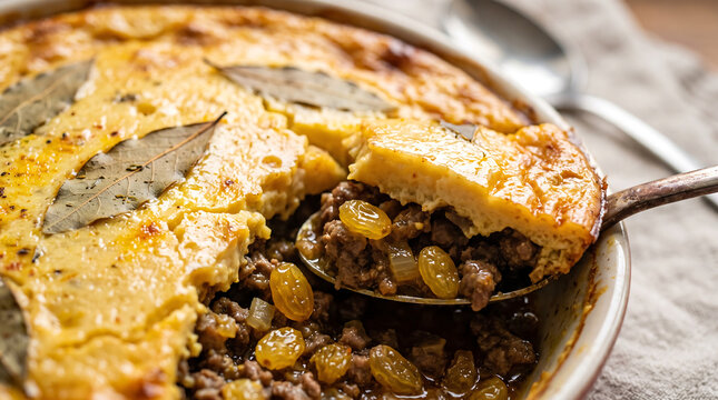 Freshly Baked South African Bobotie Casserole with Egg Custard Topping Close-Up