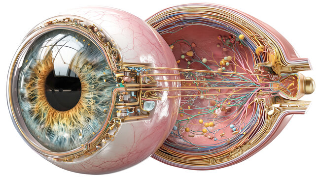 Detailed diagram of anatomy of human eye, showcasing intricate structure including iris, retina, and optic nerve. image highlights complexity and beauty of eye internal components, isolated