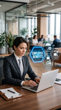 Businesswoman interacting with a digital interface showcasing employee benefits like healthcare, travel, and retirement planning, symbolizing corporate support.