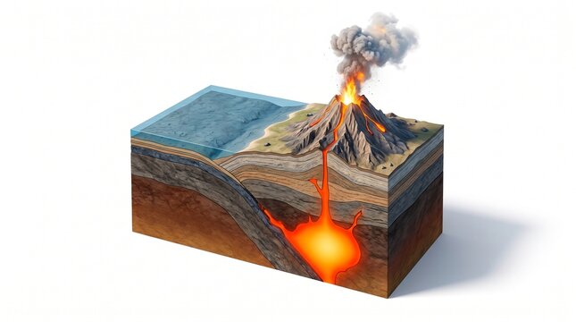 3D Geological Cross Section of Active Volcano with Magma and Earth Layers, Volcanic Eruption and Earth Science Illustration