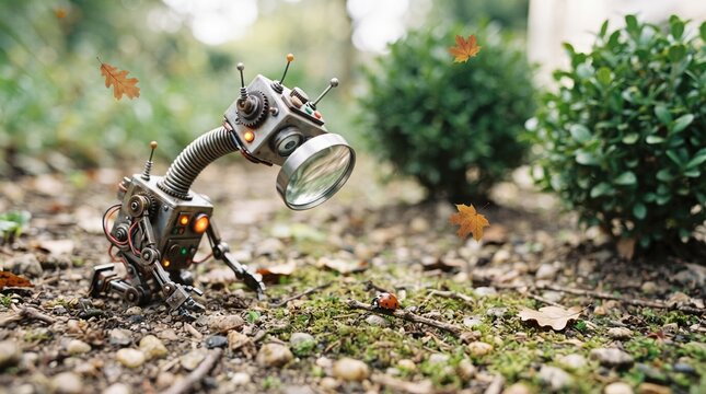 A small handmade robot sculpture made from recycled metal parts standing in a natural garden setting