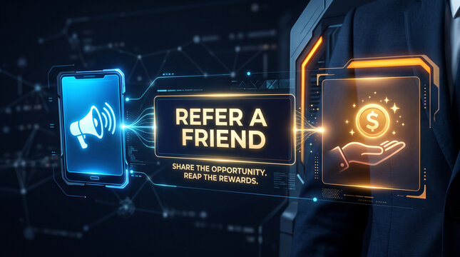 Digital interface displays "Refer a Friend" with megaphone and money icon, symbolizing a business referral program and reward.