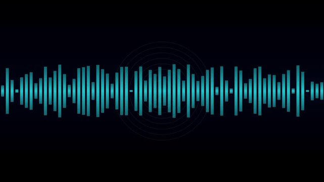 Digital audio waveform animation, blue neon sound frequency bars on black background, electronic music equalizer visualization