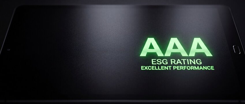 Tablet screen displaying glowing green aaa esg rating text for environmental social and corporate governance performance reporting.