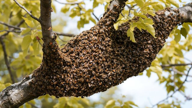 Large swarm of honey bees clinging to a tree branch outdoors