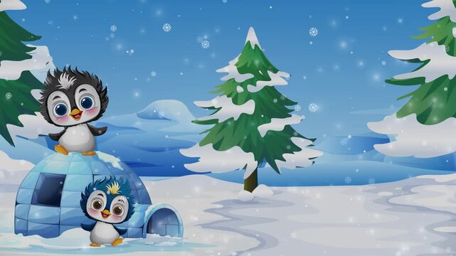 Cartoon Penguins Playing Near Igloo in Falling Snow Winter Landscape