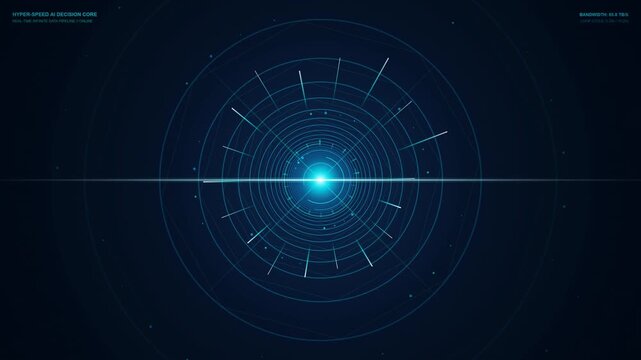 high-tech digital animation featuring a glowing central light source surrounded by concentric circles, geometric rings, and dynamic data overlays against a dark blue background.