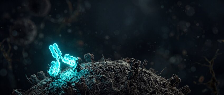 Antibody or immunoglobulin floating above a cell surface representing immune system response or targeted therapy.