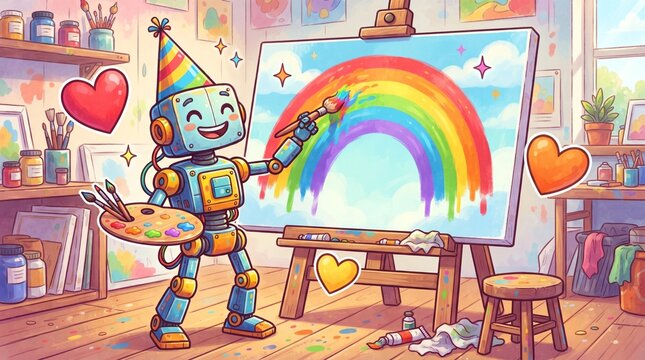 A cute robot wearing a party hat painting a colorful rainbow on a canvas in an art studio