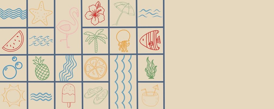 Hand drawn summer icons on beige background with copy space