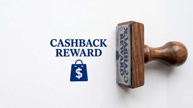 Wooden stamp with "CASHBACK REWARD" and shopping bag symbol, representing financial benefits and customer loyalty programs