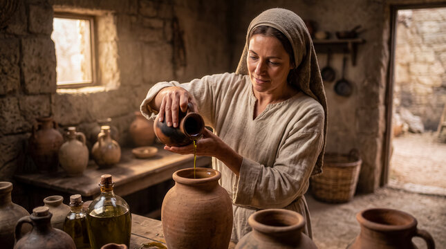A poor widowed woman in ancient Israel pours olive oil from a small clay vessel into another clay jar.