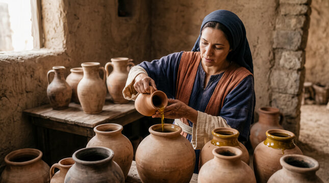 A poor widowed woman in ancient Israel pours olive oil from a small clay vessel into another clay jar.