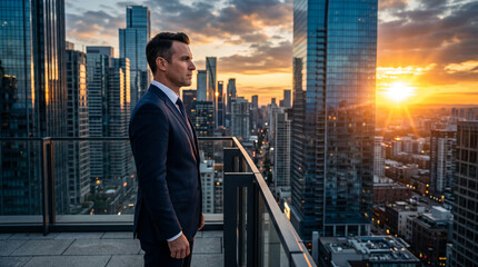 Plakat Man in suit on rooftop overlooking city at sunset, symbolizing achievement, ambition, and urban success, perfect for corporate or motivation themes