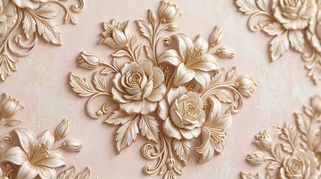 Luxury Seamless 3D Carved Floral Pattern Wallpaper with Ivory Roses Lilies and Gold Trims