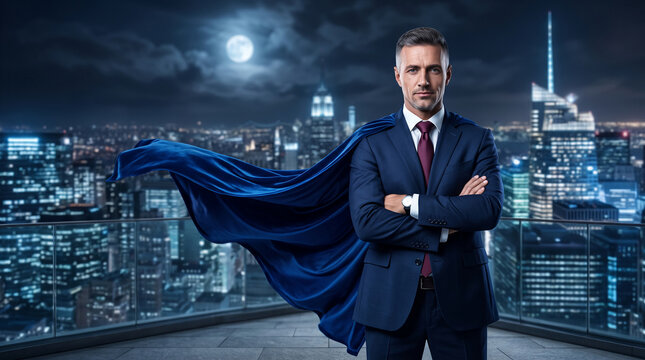 Man in a suit with a flowing cape stands on a rooftop, overlooking a city skyline at night under a full moon, symbolizing power and leadership.