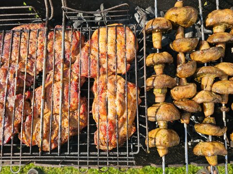 Grilling meat and mushrooms on a barbecue in a backyard