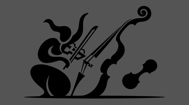 Black Musical Instrument Silhouette. Violin And Bow With Ornamental Music Design. Classical Music And Performance Concept. Elegant Vector Illustration