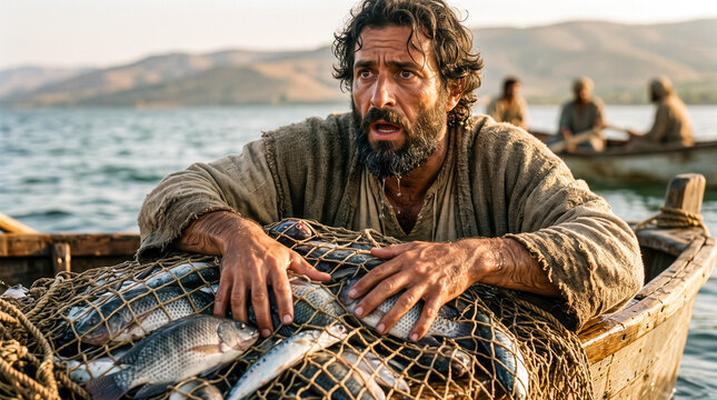 Peter's boat overflowing with fish, Bible story.