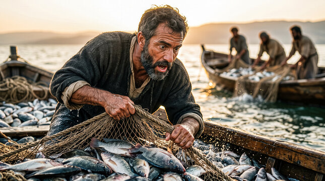 Peter's boat overflowing with fish, Bible story.