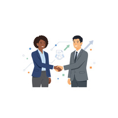 Fototapeta premium Business People Shaking Hands, Man and Woman Holding Hands in Corporate Partnership, Teamwork, Meeting and Successful Business Collaboration Vector Illustration